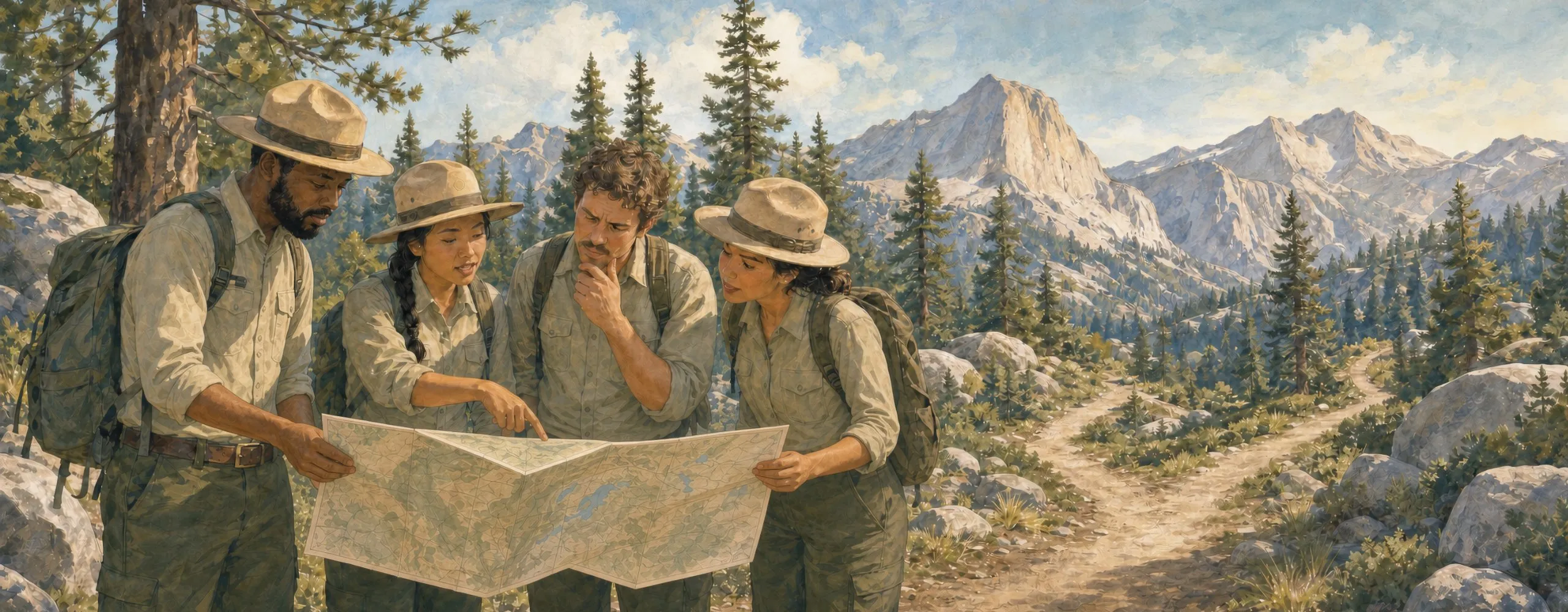 Four hikers studying a folded map together on a trail in the Sierra Nevada
